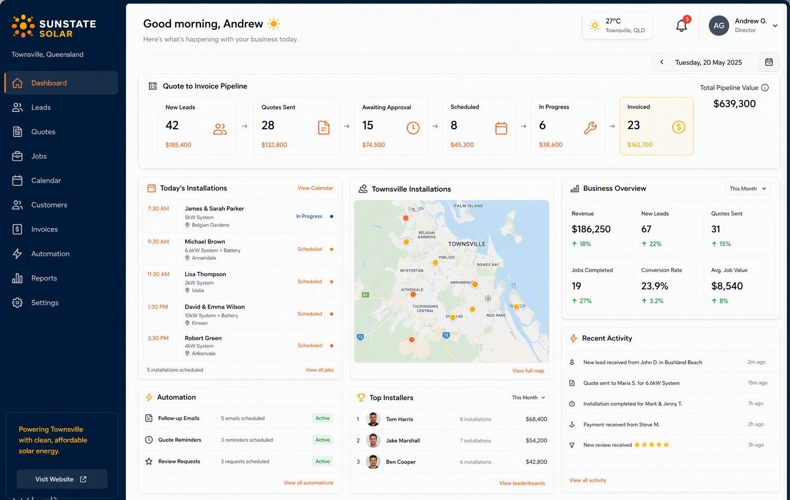 Sunstate Solar quote-to-invoice automation dashboard